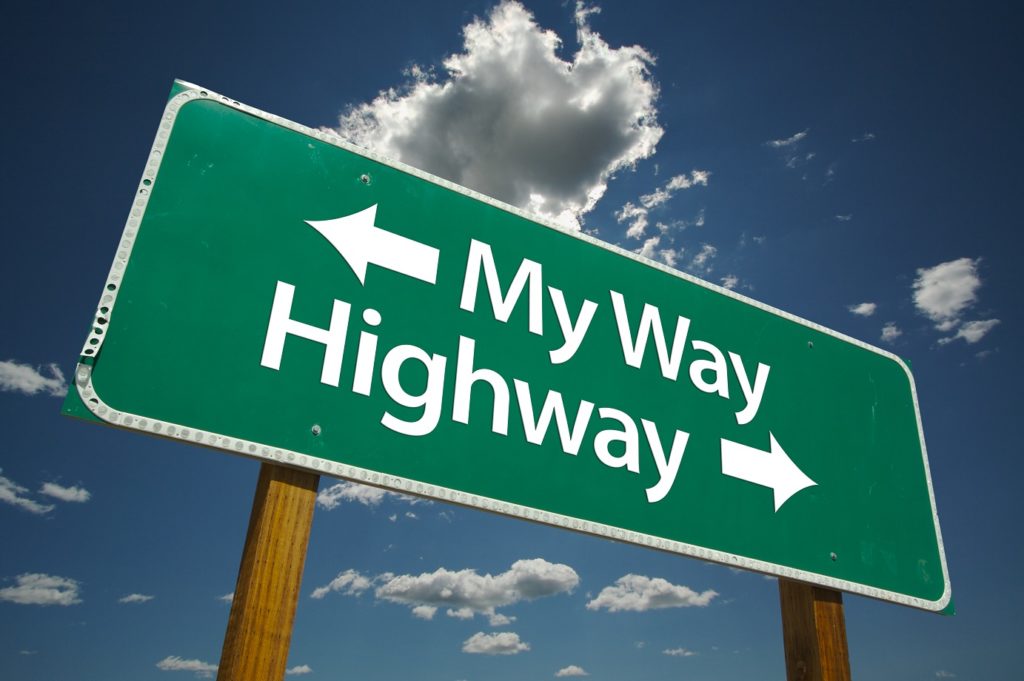 My Way, Highway Road Sign with dramatic clouds and sky. - Wasabi Publicity